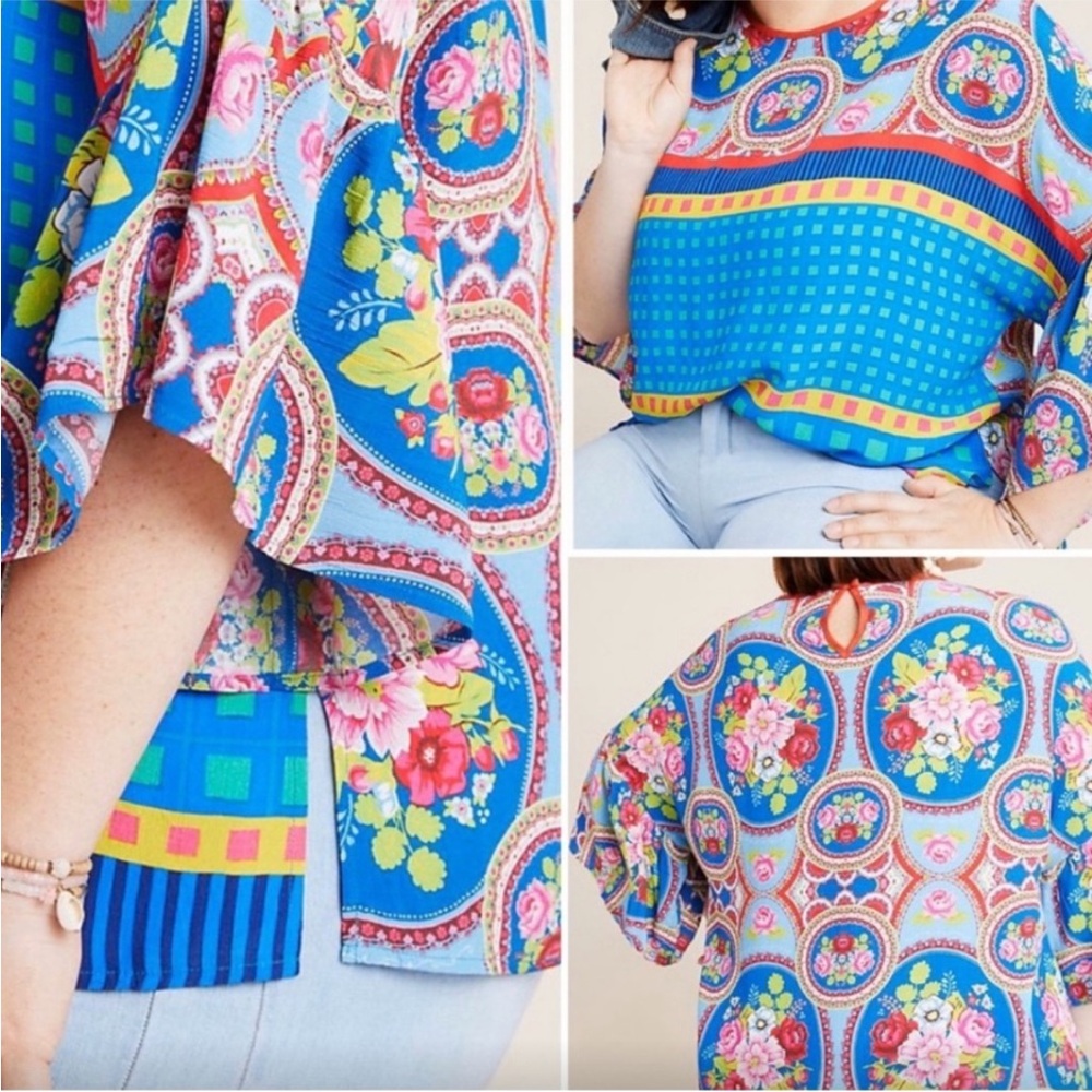 Anthropologie / Conditions Apply blue floral printed blouse 1X